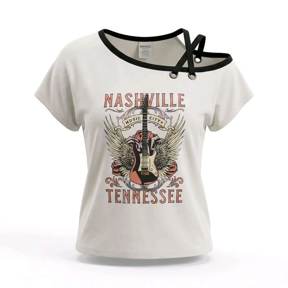 Saukole Nashville Music City Tennessee Graphic Tee‎ Cold Shoulder Top White L
